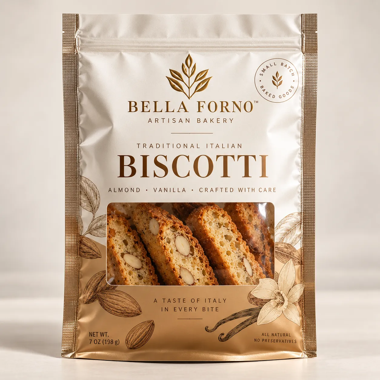 Gold and white artisan bakery packaging for Bella Forno Traditional Italian Almond Vanilla Biscotti, 7oz resealable bag with window