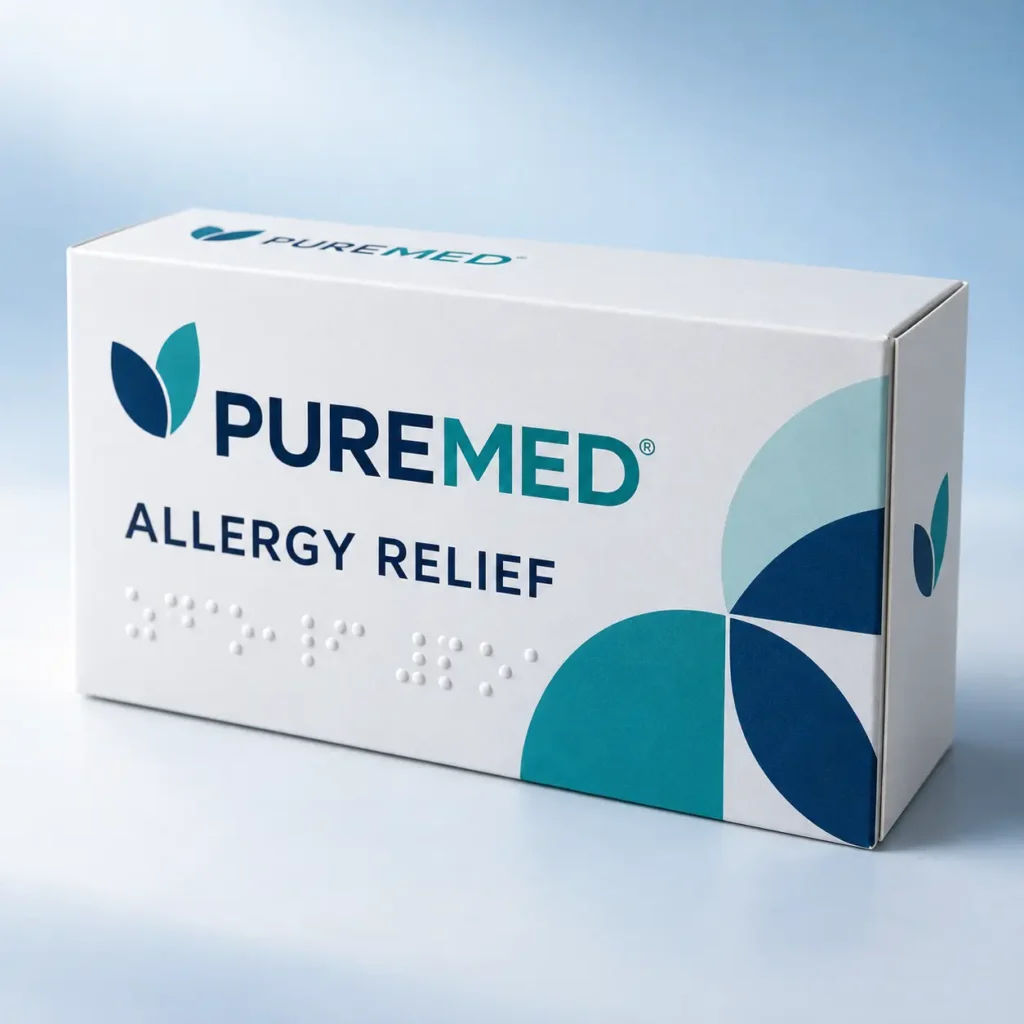 White PureMed Allergy Relief medicine box with teal blue geometric design and Braille text on light blue background