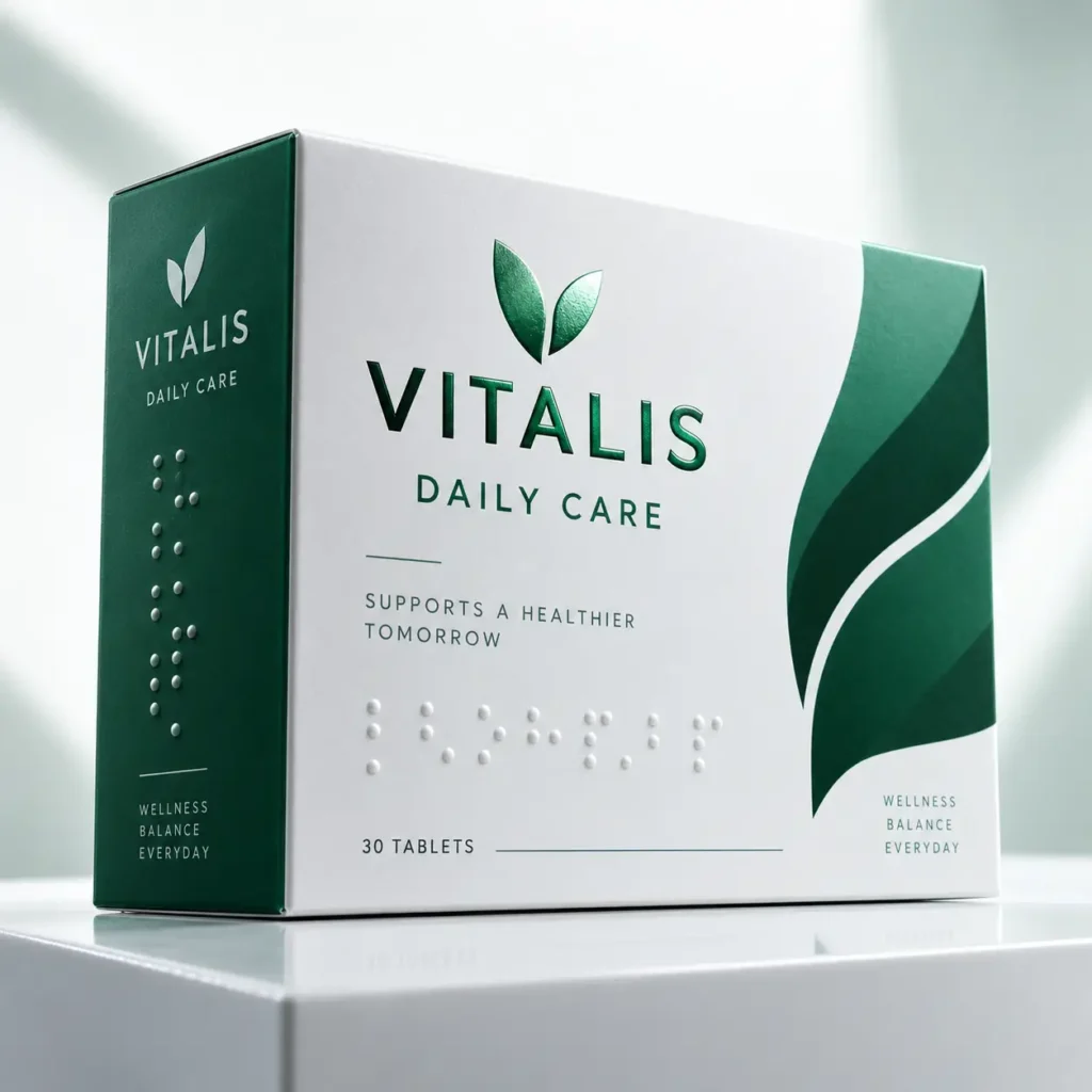 White and dark green Vitalis Daily Care supplement box with leaf logo, Braille text, 30 tablets, clean minimalist pharmaceutical packaging design