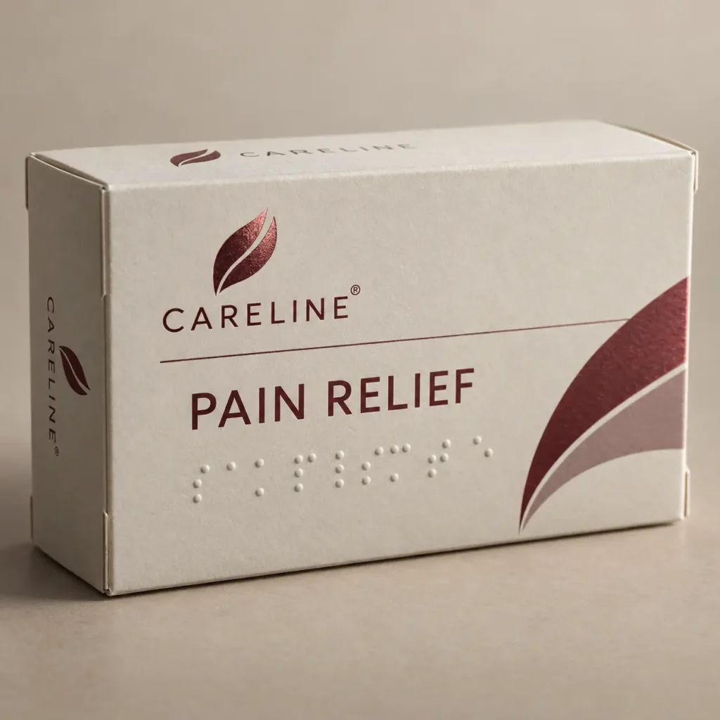White Careline Pain Relief medicine box with burgundy logo, braille text, and elegant swoosh design on neutral background