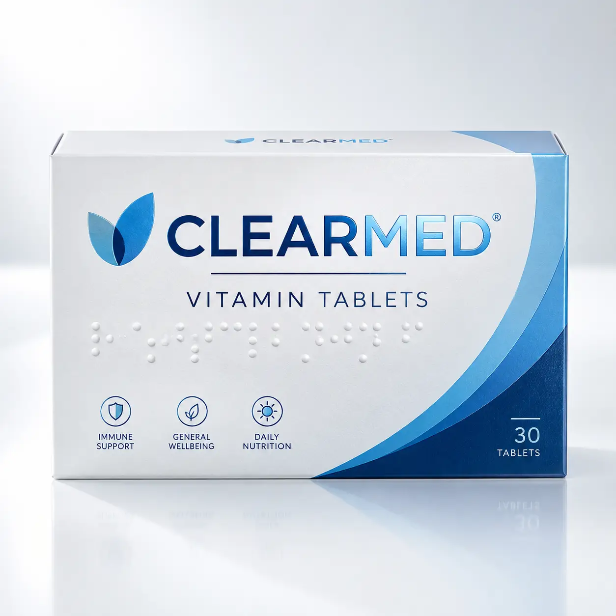 ClearMed vitamin tablets box packaging, white and navy blue design, 30 tablets, immune support, professional pharmaceutical product mockup