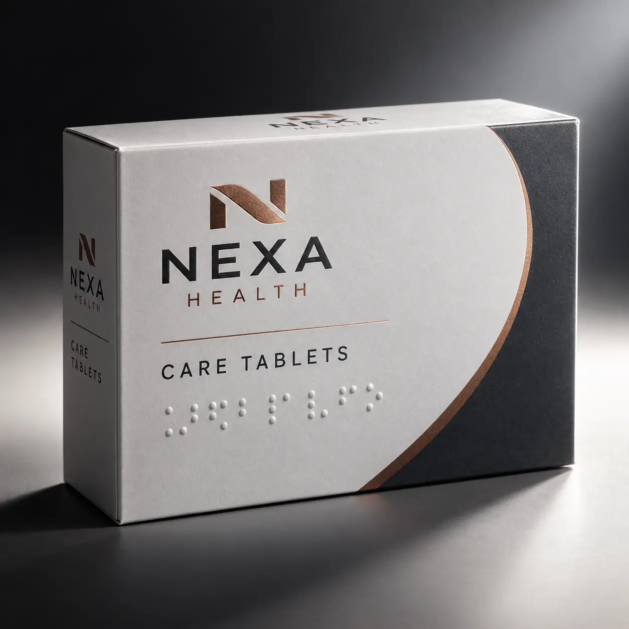 Nexa Health Care Tablets premium white pharmaceutical box with copper logo, braille text, dark elegant background