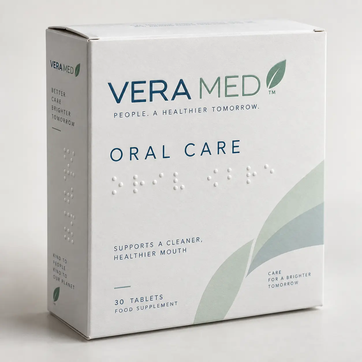 Vera Med Oral Care supplement box, 30 tablets, white minimalist packaging with teal branding, leaf logo, braille text, clean design