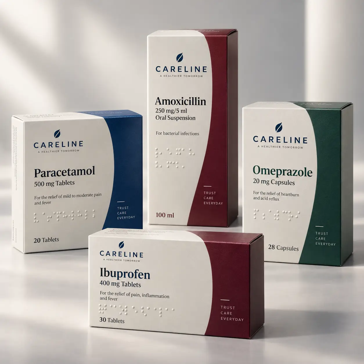 Four Careline pharmaceutical medicine boxes in white, navy, burgundy and green displaying Paracetamol, Ibuprofen, Amoxicillin and Omeprazole packag...