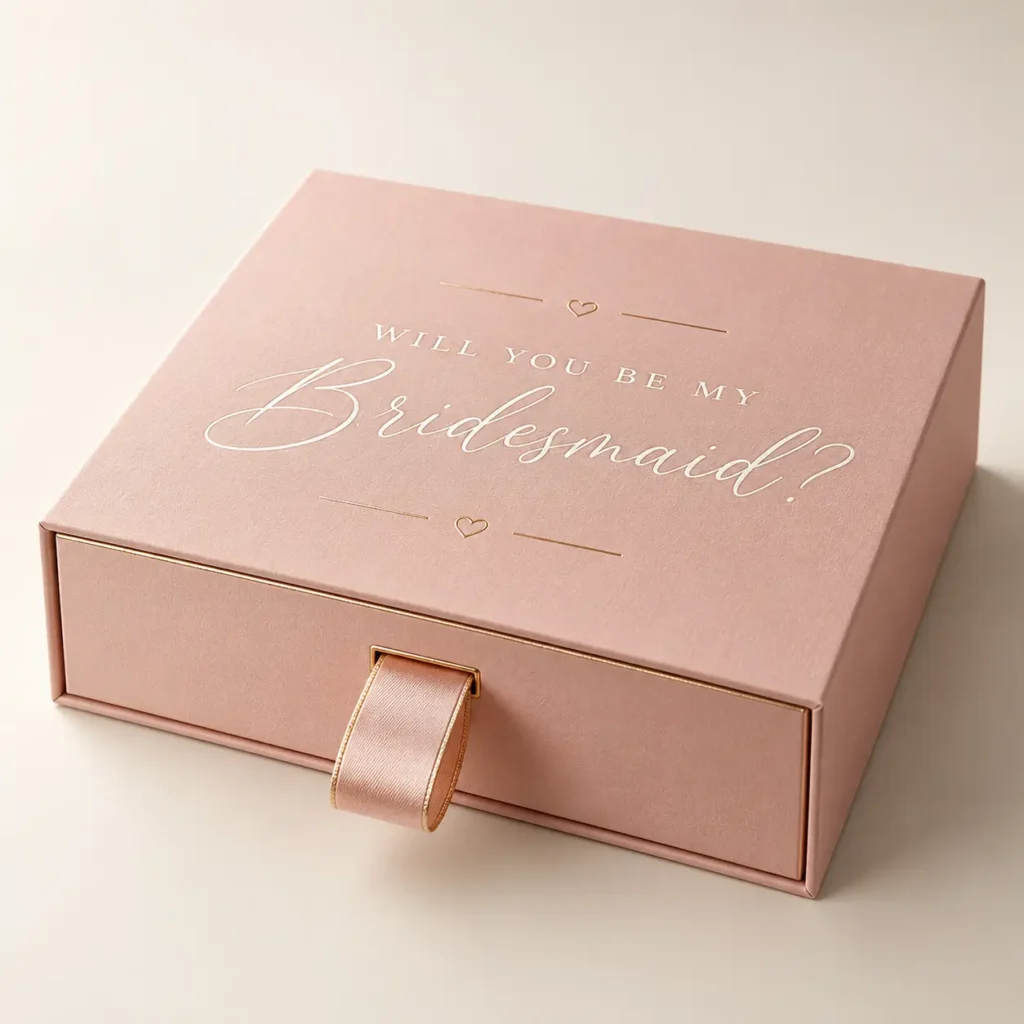 Blush pink bridesmaid proposal gift box with gold foil hearts, satin ribbon pull, and elegant white script lettering