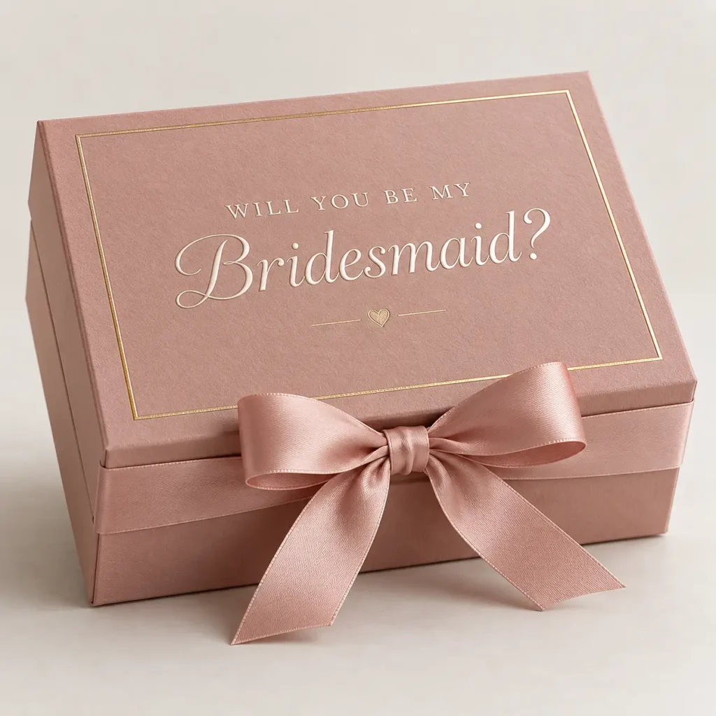 Dusty rose bridesmaid proposal gift box with satin bow and gold foil text Will You Be My Bridesmaid by The Packaging Masters