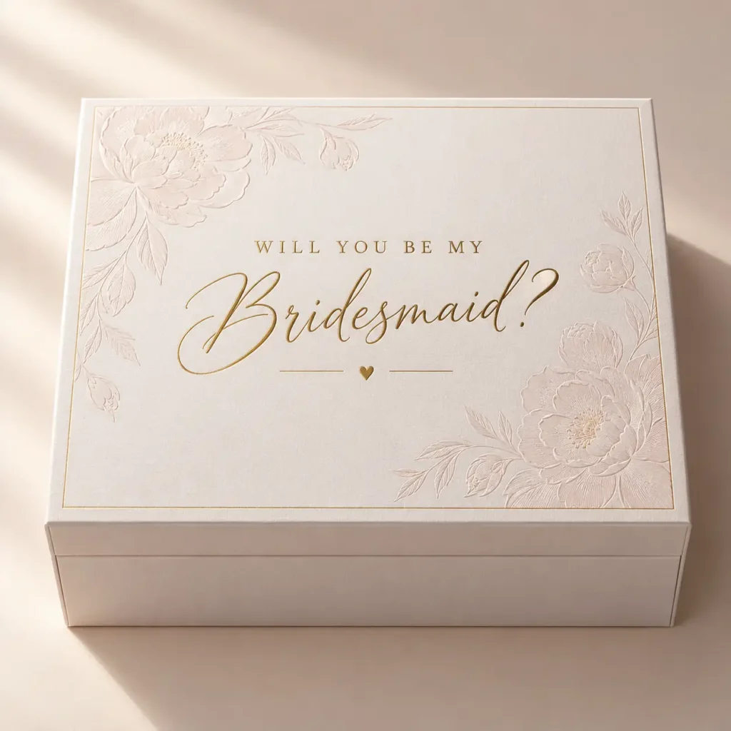Elegant ivory bridesmaid proposal gift box with gold foil floral embossing and Will You Be My Bridesmaid? script lettering