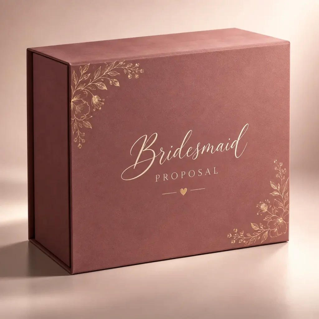 Dusty rose bridesmaid proposal gift box with gold floral accents and elegant script, custom luxury packaging by The Packaging Masters