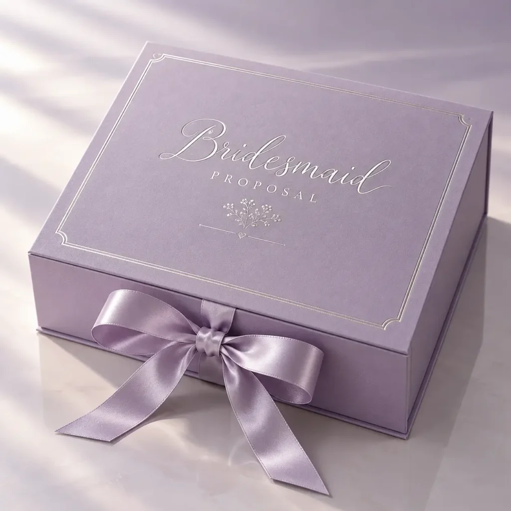 Lavender bridesmaid proposal gift box with satin ribbon bow, silver foil floral design, elegant wedding packaging by The Packaging Masters