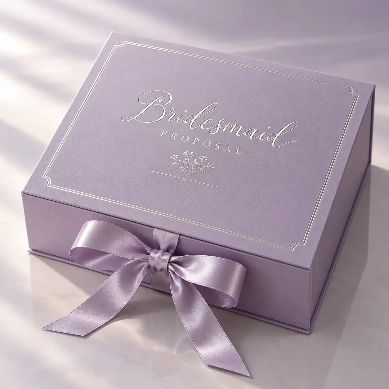 Lavender bridesmaid proposal gift box with satin ribbon bow, silver foil floral design, elegant wedding packaging by The Packaging Masters