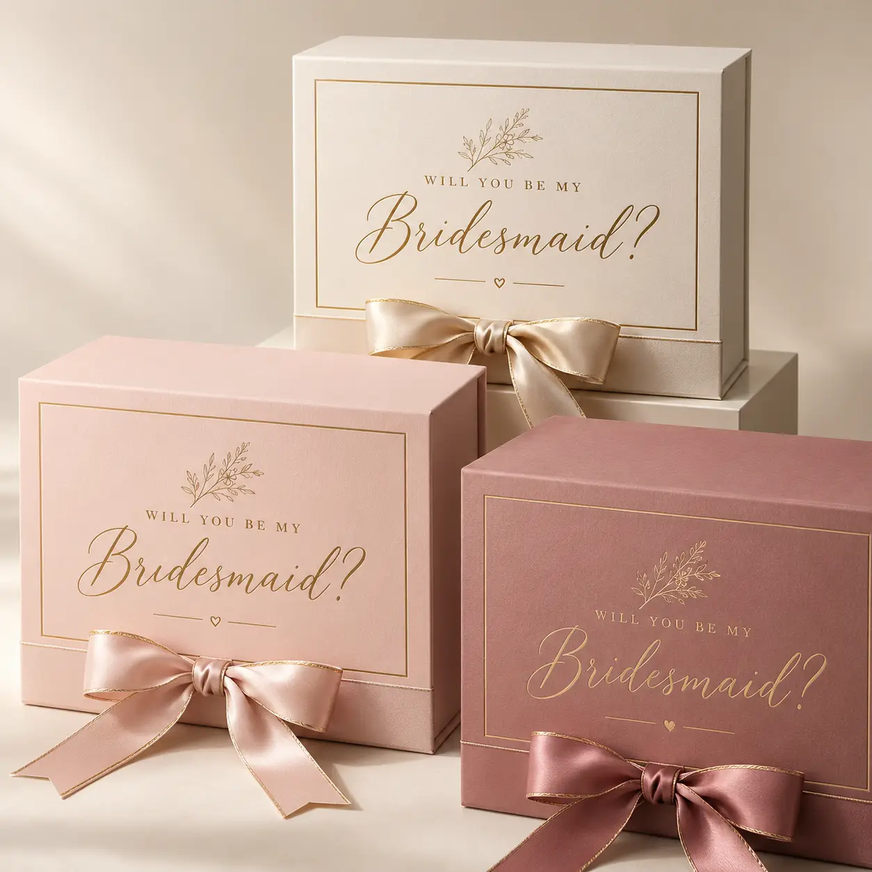 Three elegant bridesmaid proposal gift boxes in ivory, blush pink, and dusty rose with gold foil text and satin ribbon bows