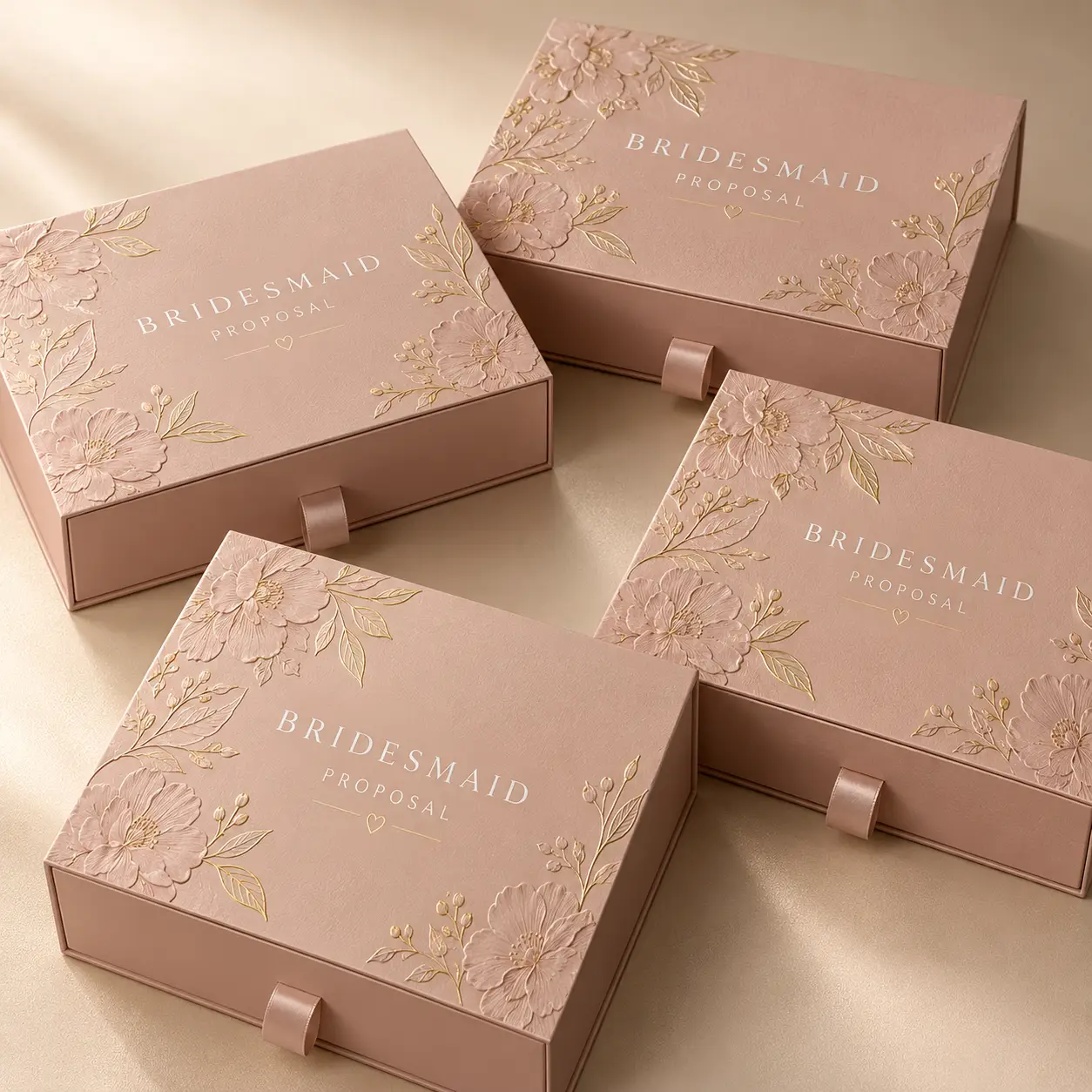 Four blush pink bridesmaid proposal boxes with gold floral embossing, elegant gift packaging for wedding party proposals