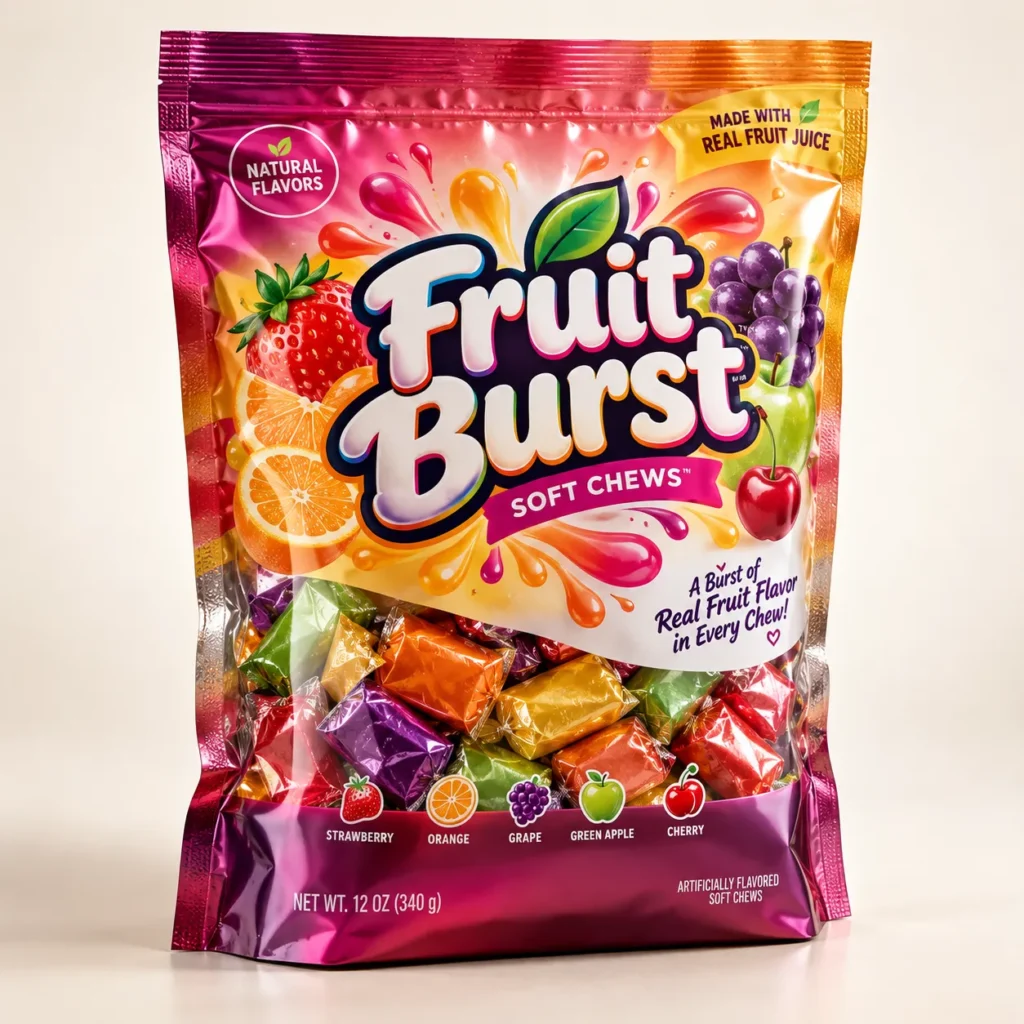 Fruit Burst Soft Chews candy packaging design, vibrant pink foil bag, strawberry orange grape green apple cherry flavors, 12oz