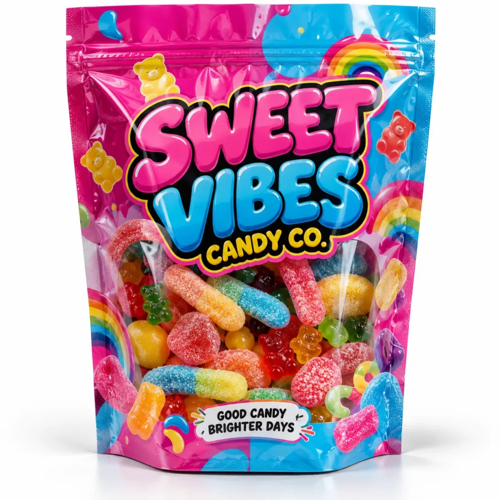Colorful Sweet Vibes Candy Co resealable bag filled with sour gummy worms bears and rainbow candies on white background