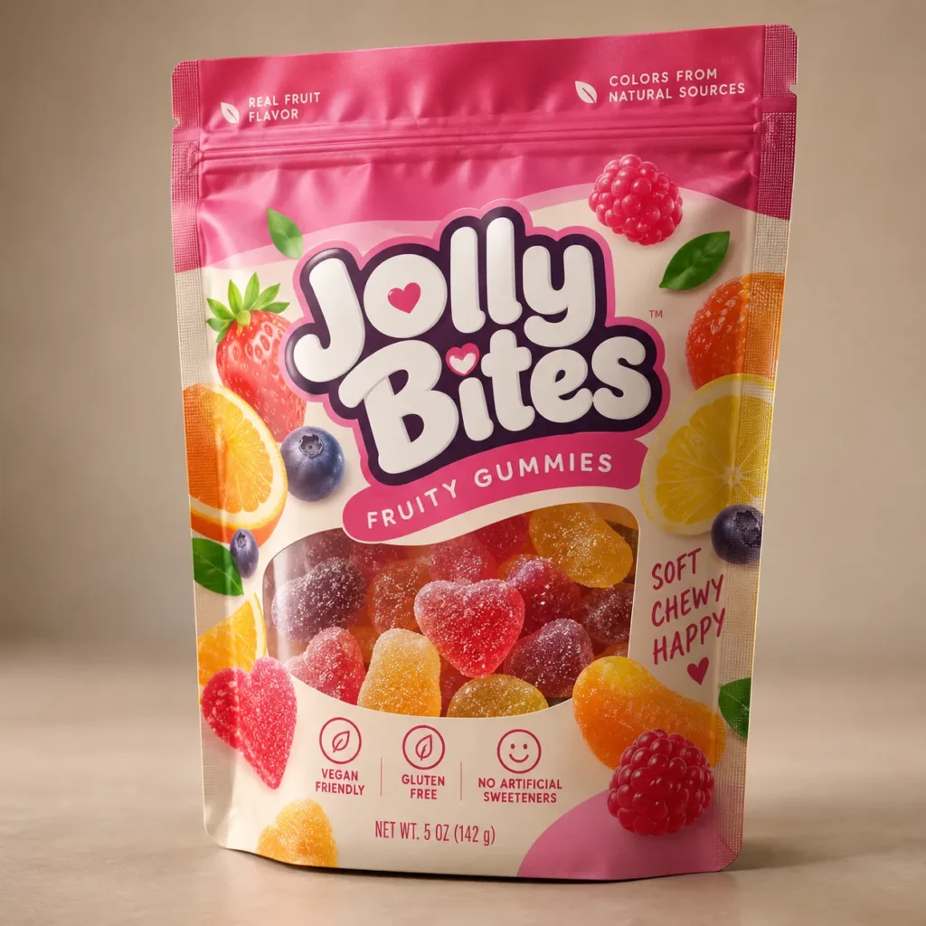 Pink resealable pouch of Jolly Bites Fruity Gummies, vegan gluten-free candy with colorful heart-shaped gummies, 5oz bag