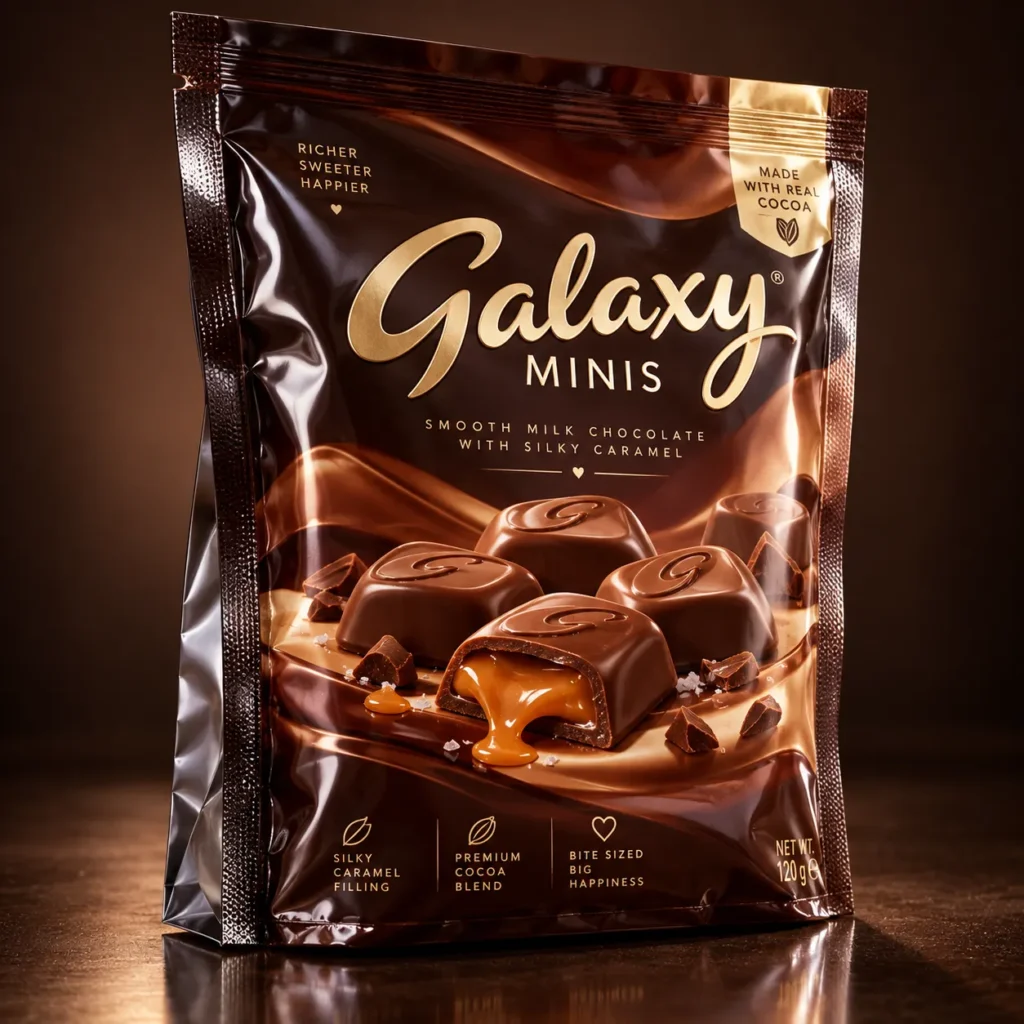 Galaxy Minis milk chocolate caramel bag, glossy dark brown premium packaging with gold branding, silky caramel filling product shot