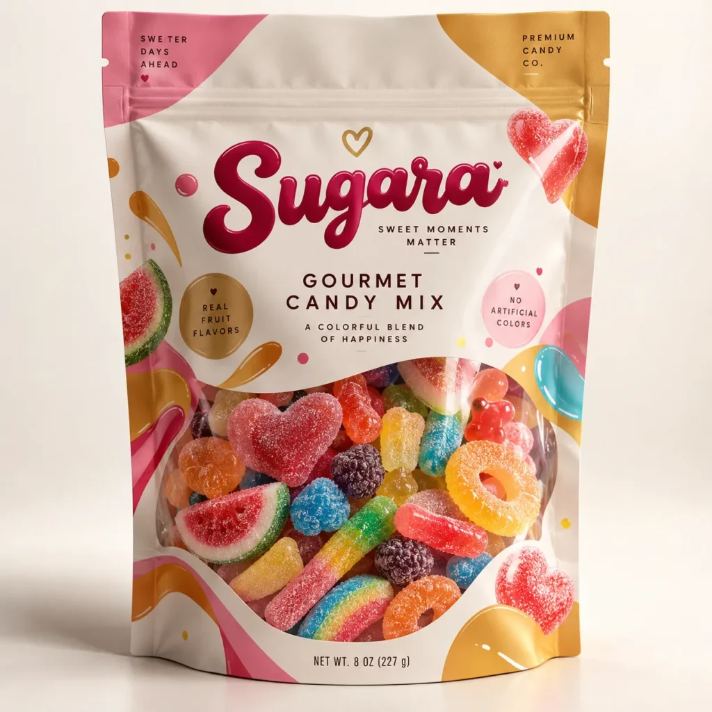 Sugara Gourmet Candy Mix 8oz resealable bag with colorful gummy hearts, rings, and worms, pink gold premium packaging design