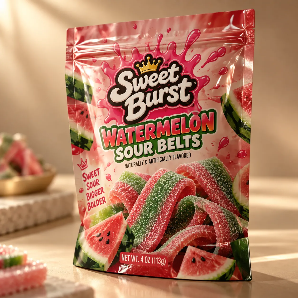 Sweet Burst Watermelon Sour Belts candy packaging, 4oz pink resealable bag with sugared green-red gummy belts and watermelon slices