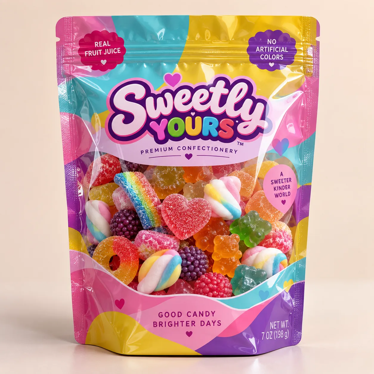 Sweetly Yours premium confectionery candy packaging bag with colorful gummy bears, hearts, and rainbow sweets, 7oz resealable pouch