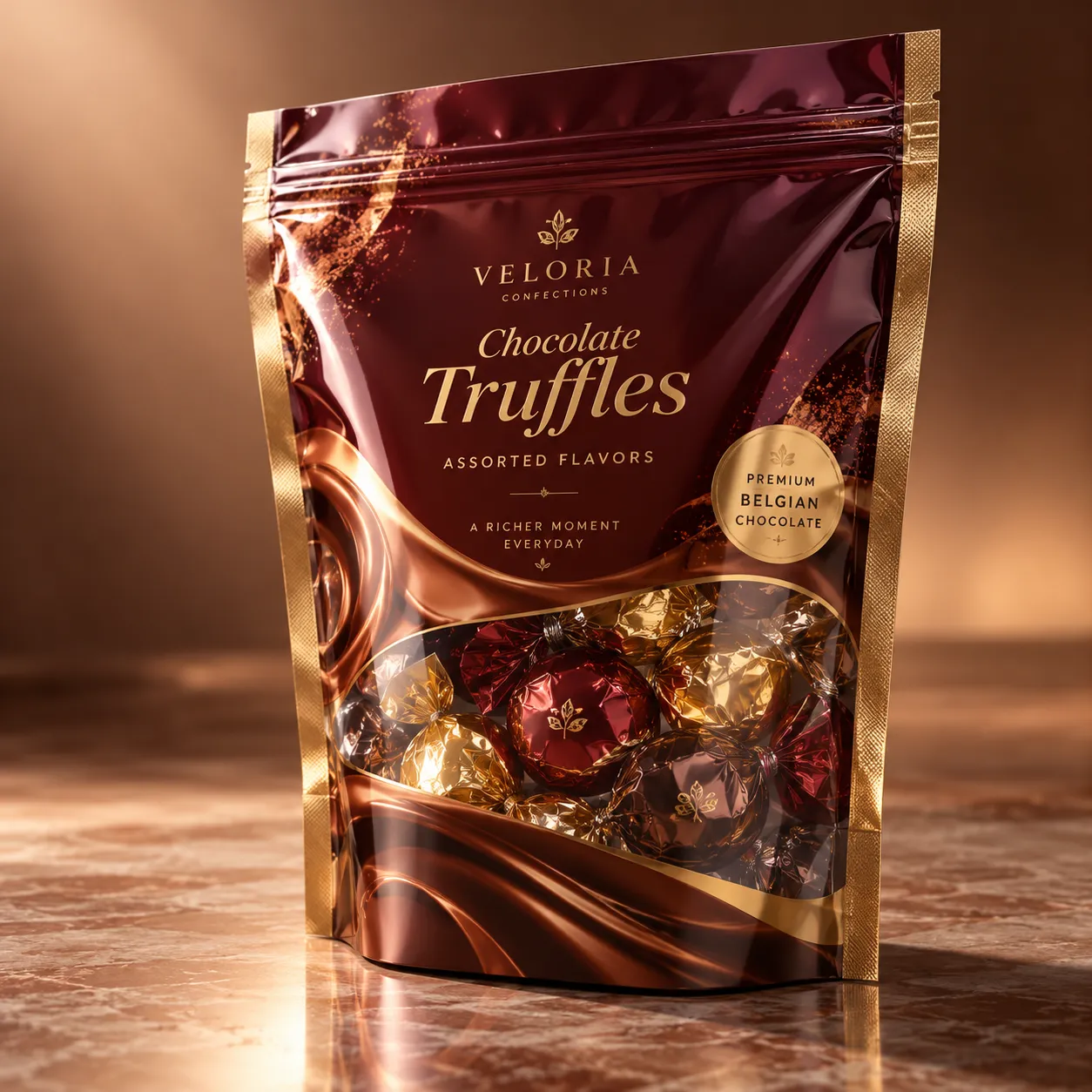 Veloria Confections luxury chocolate truffle bag in deep burgundy and gold foil packaging with clear window display