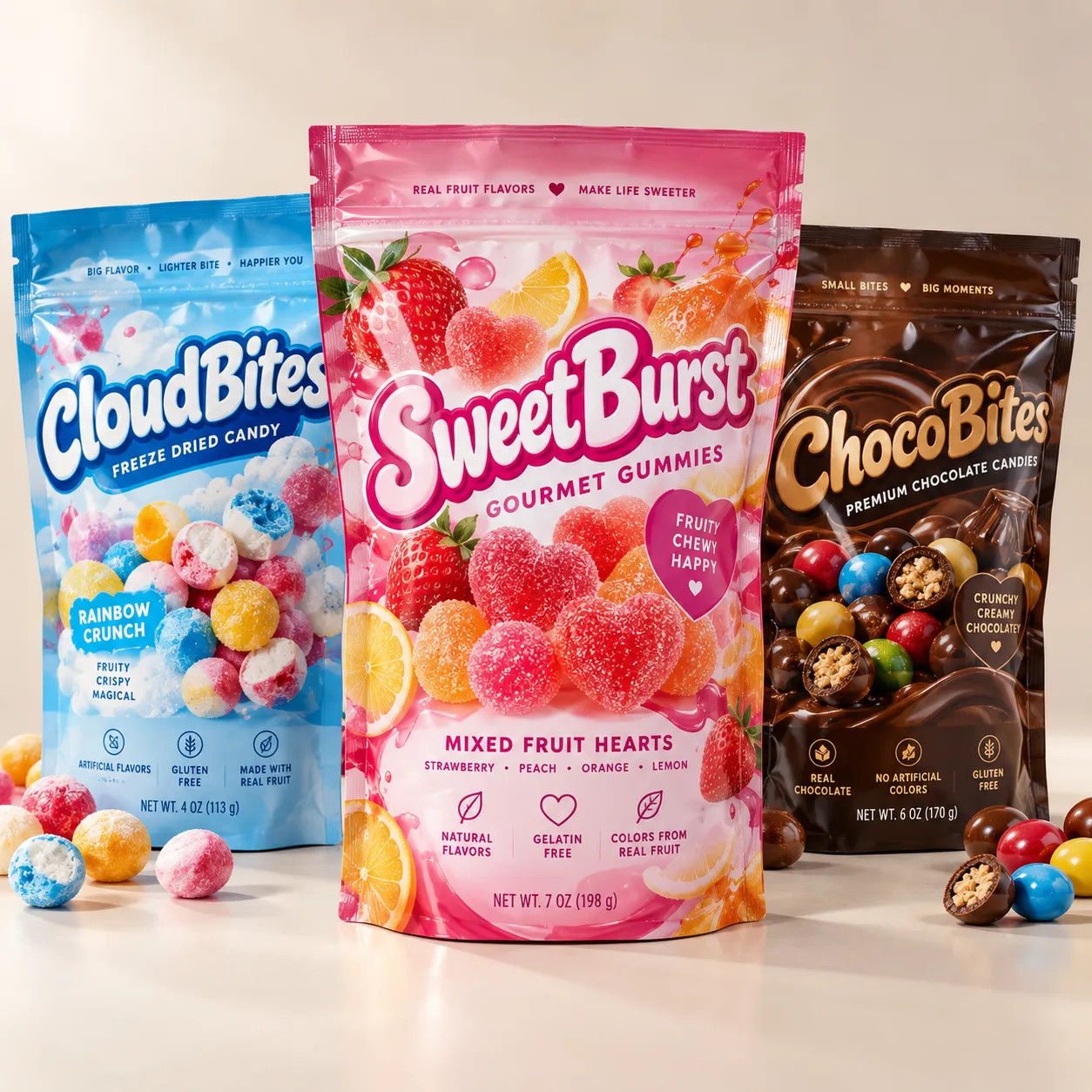 Three candy packaging designs: blue CloudBites freeze-dried candy, pink SweetBurst gourmet gummies, and brown ChocoBites premium chocolate candies