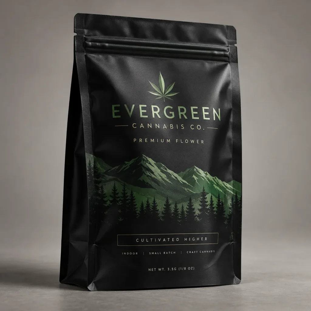 Black matte cannabis packaging bag for Evergreen Cannabis Co. Premium Flower, featuring green mountain forest design, 3.5g craft cannabis