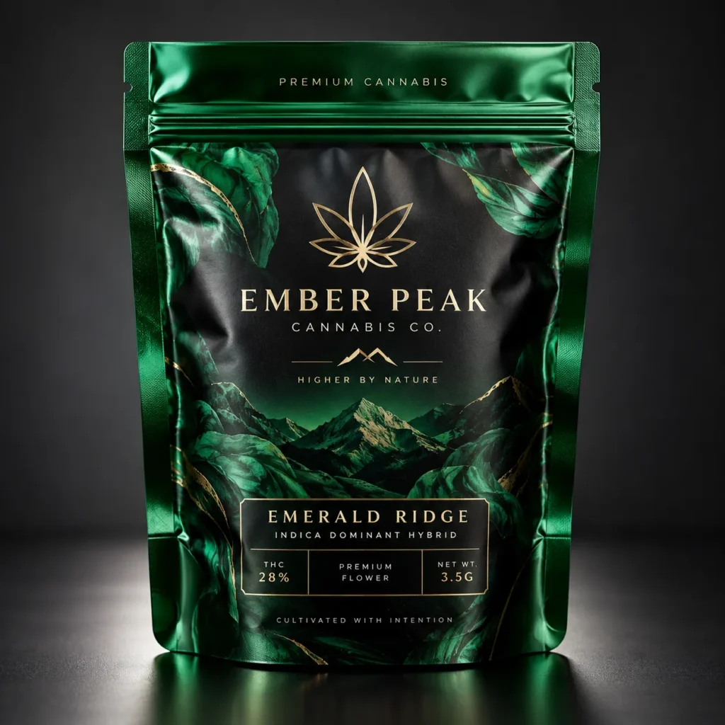 Ember Peak Cannabis Co. Emerald Ridge premium flower packaging, glossy black and green mylar bag with gold cannabis leaf logo, 3.5g