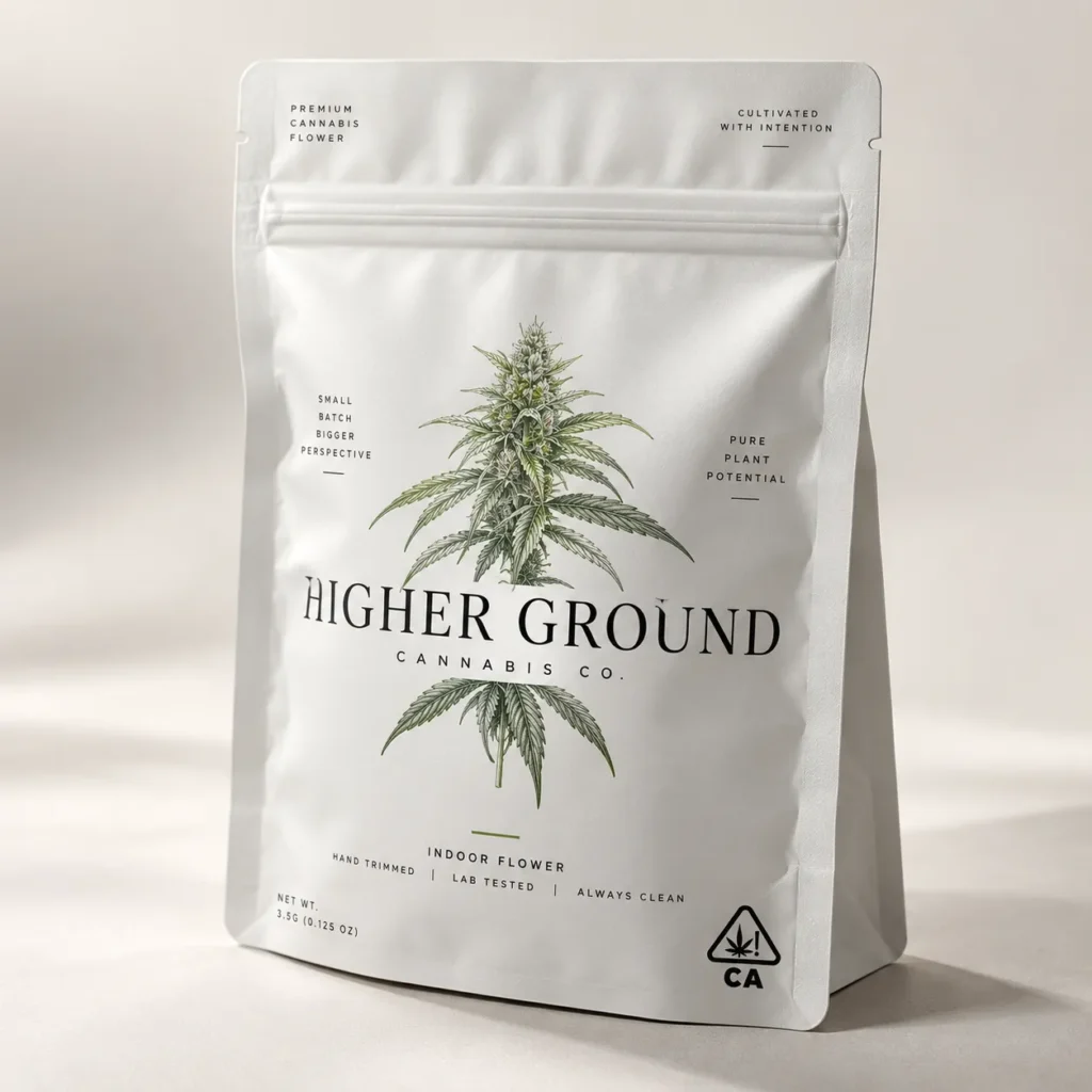 White matte cannabis flower packaging bag for Higher Ground Cannabis Co., 3.5g indoor flower, minimalist botanical design, CA compliant