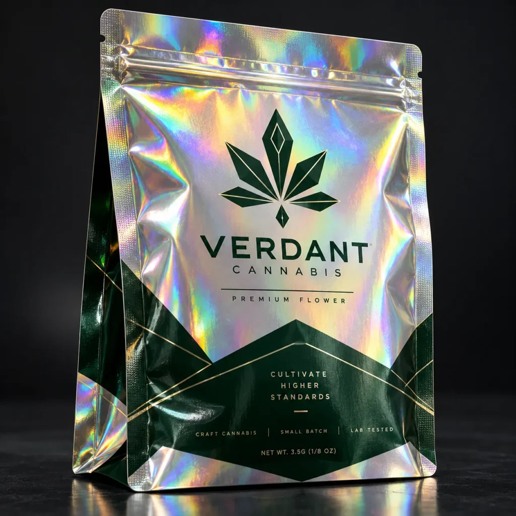 Verdant Cannabis premium flower holographic mylar bag with dark green geometric design, 3.5g eighth custom cannabis packaging