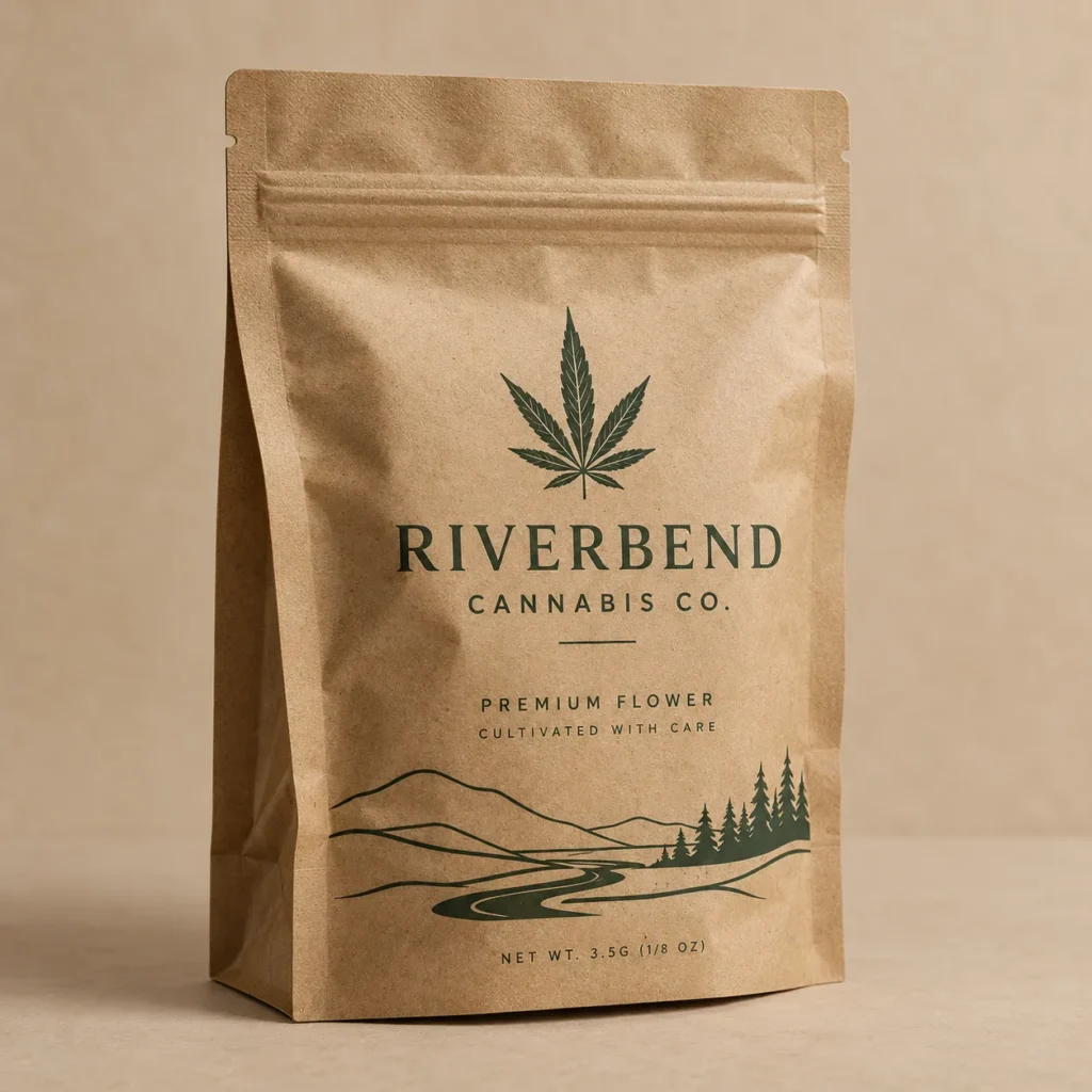 Kraft paper cannabis packaging bag with green marijuana leaf logo, Riverbend Cannabis Co. premium flower, 3.5g resealable pouch