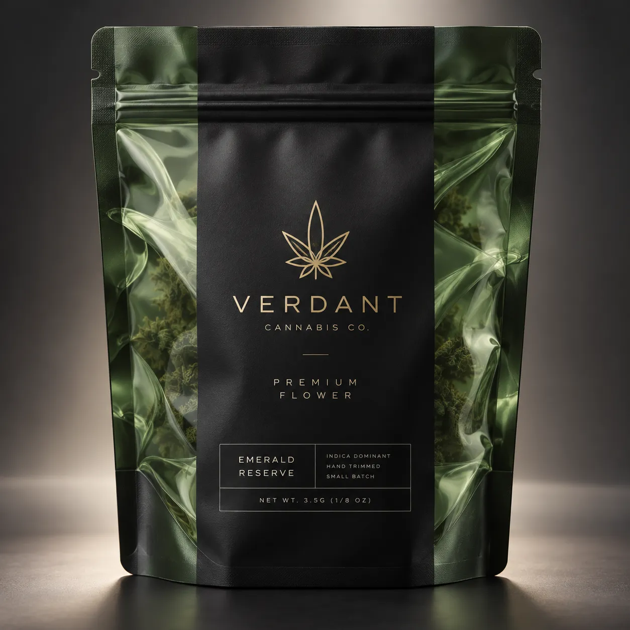Verdant Cannabis Co premium flower packaging, black matte mylar bag with gold logo, Emerald Reserve indica 3.5g