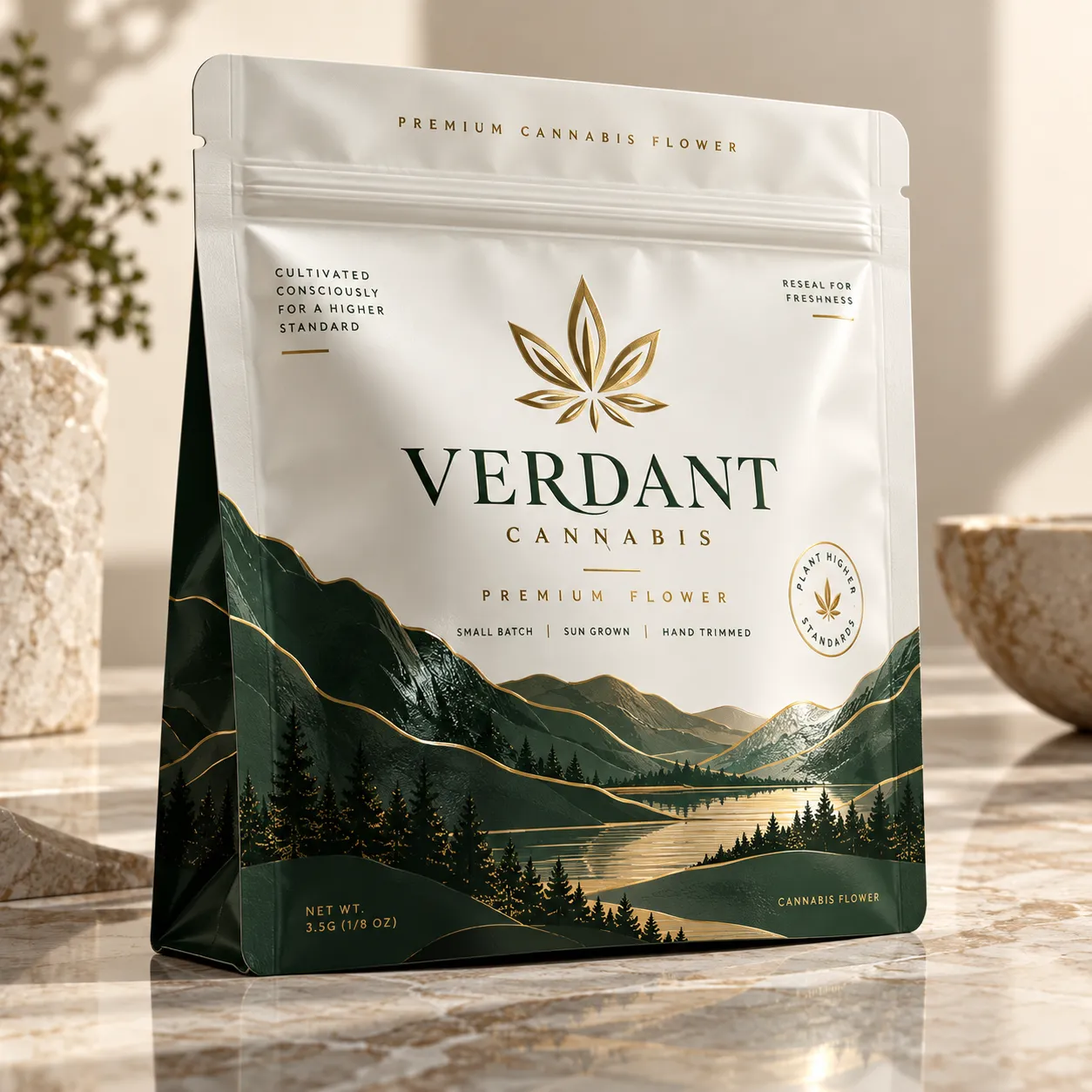 Verdant Cannabis premium flower packaging bag, white and gold design with mountain landscape, 3.5g resealable pouch on marble surface