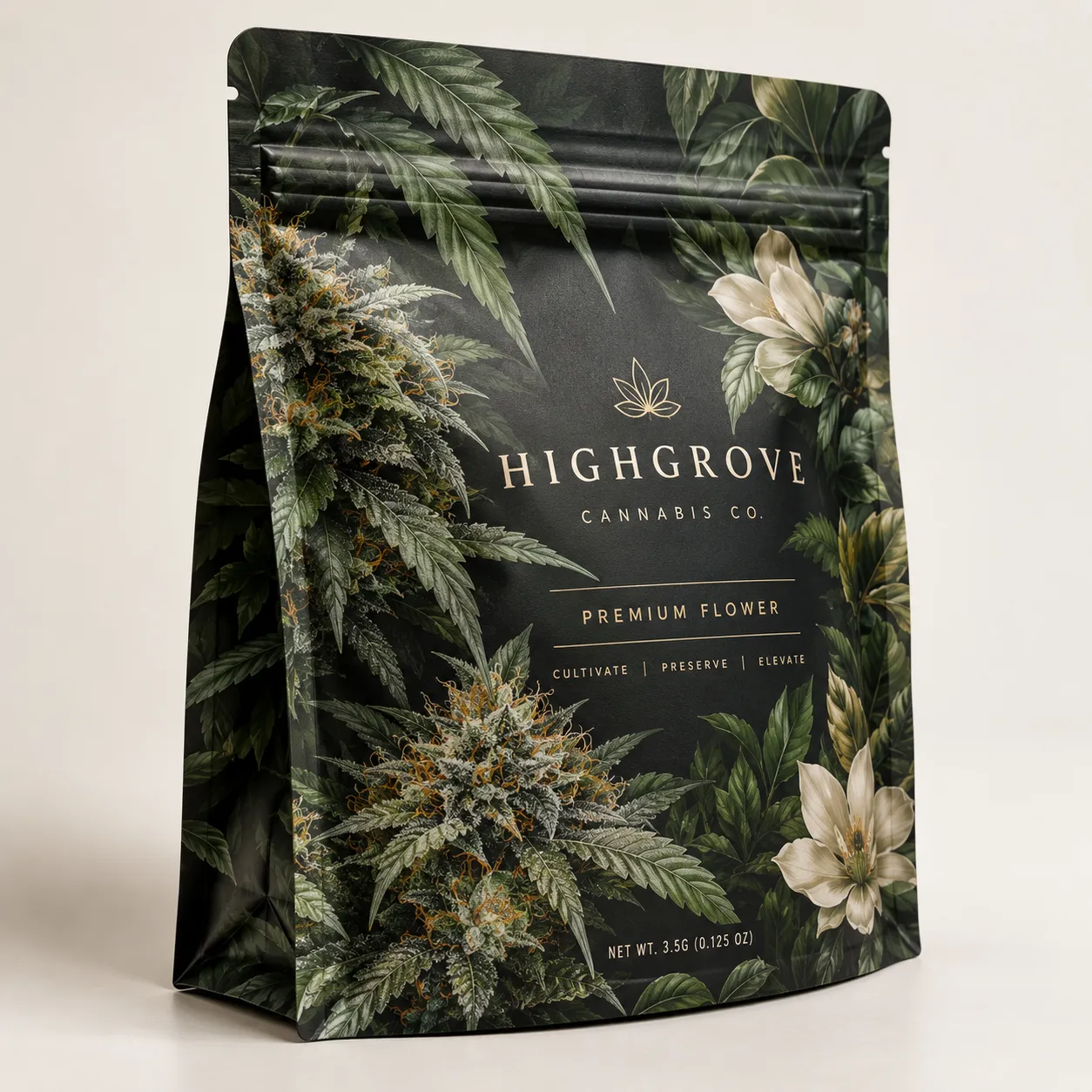 Black cannabis packaging bag for Highgrove Cannabis Co. Premium Flower, 3.5g, dark botanical design with gold text