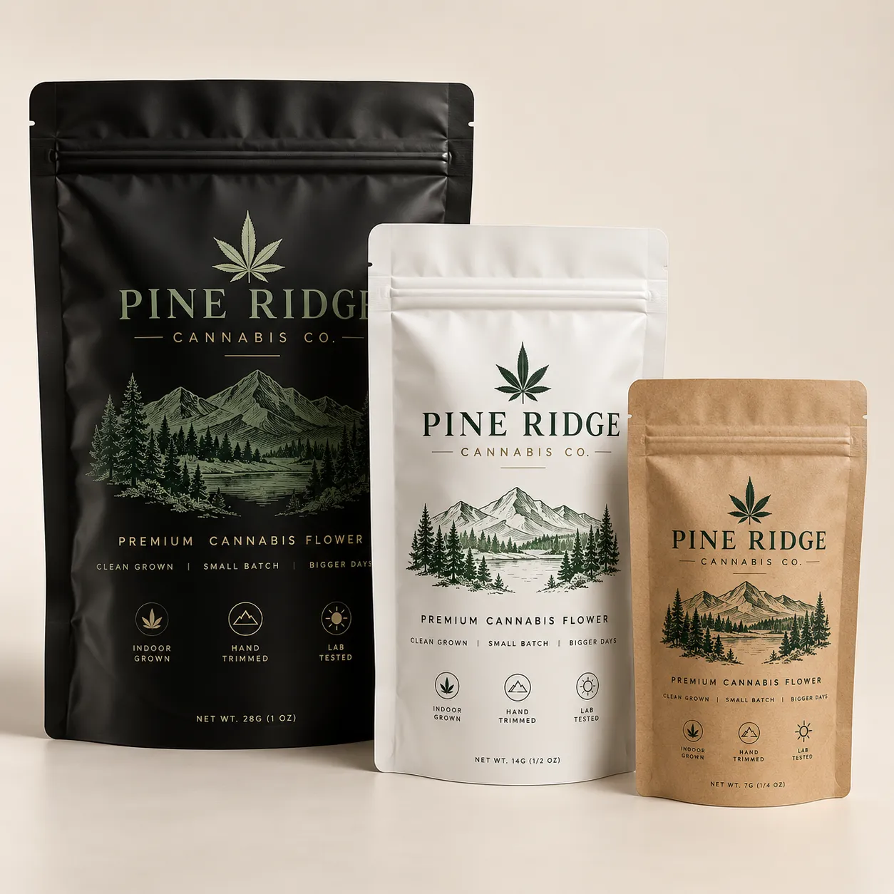 Three Pine Ridge Cannabis Co premium flower mylar bags in black, white, and kraft brown, sized 1oz, half oz, quarter oz