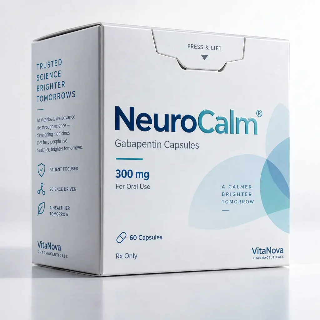 NeuroCalm 300mg Gabapentin Capsules white pharmaceutical box by VitaNova, 60 capsules Rx only, teal branding, clean medical packaging design