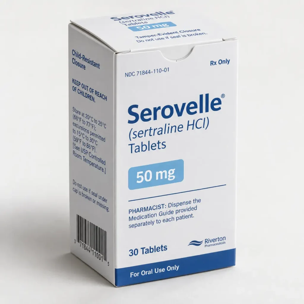 White pharmaceutical box packaging for Serovelle sertraline HCl 50mg tablets, blue branding, 30 count, Rx prescription medication design