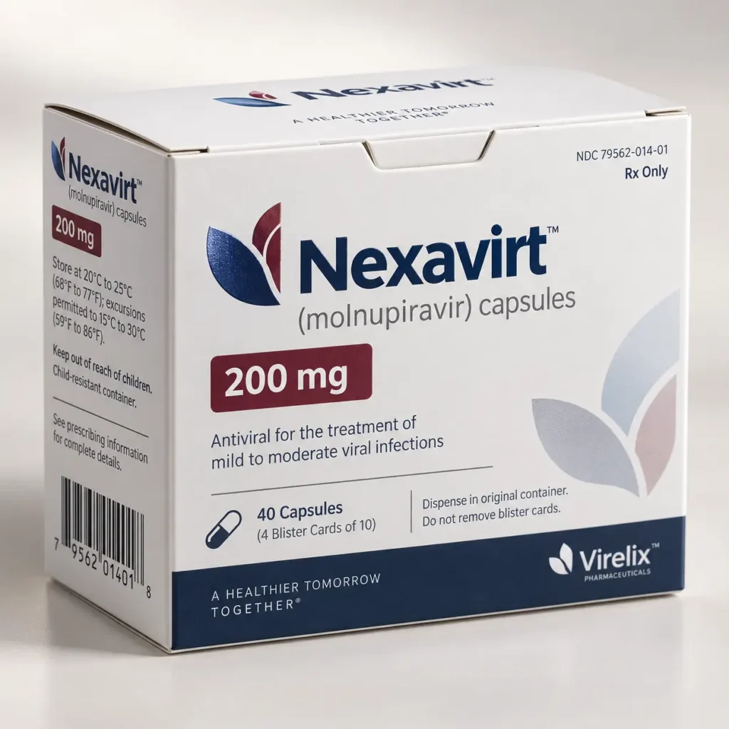 White pharmaceutical box of Nexavirt molnupiravir 200mg antiviral capsules by Virelix, navy blue and burgundy branding, studio shot
