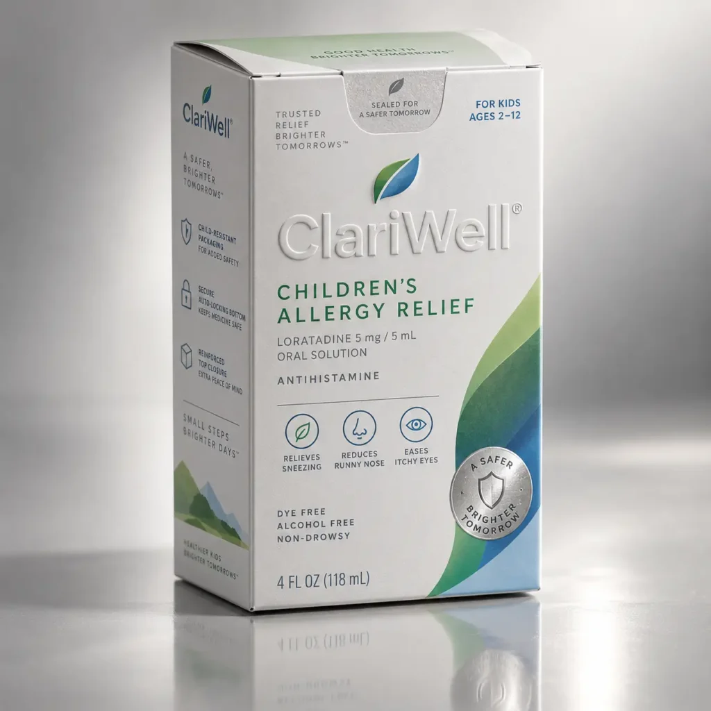 ClariWell children's allergy relief loratadine oral solution box, white green packaging, 4fl oz, ages 2-12, non-drowsy antihistamine