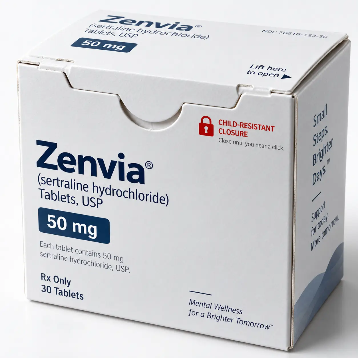 White Zenvia sertraline hydrochloride 50mg prescription medication box, 30 tablets, child-resistant pharmaceutical packaging design