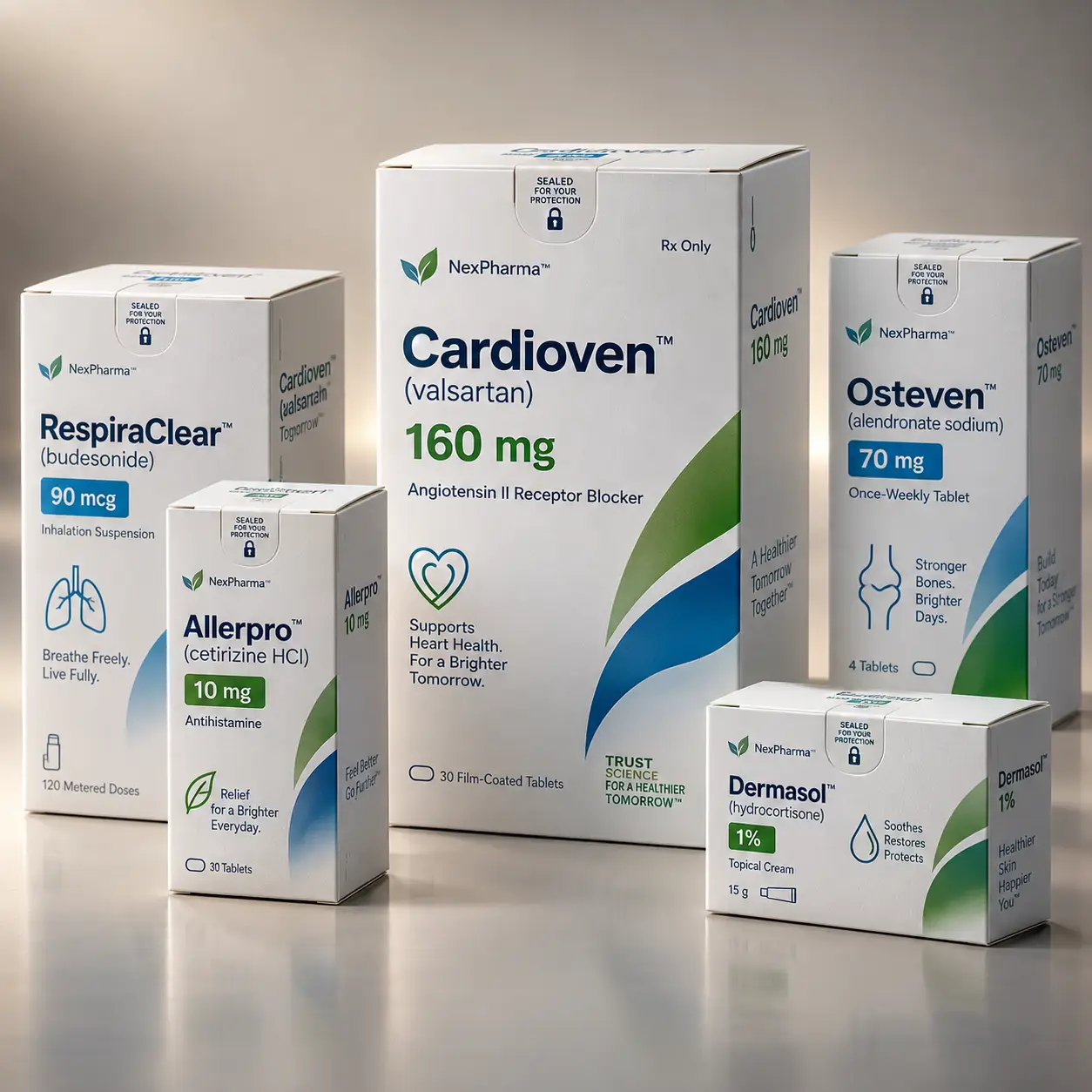 Five white NexPharma pharmaceutical medication boxes arranged on gray surface featuring Cardioven, RespiraClear, Allerpro, Osteven, and Dermasol br...