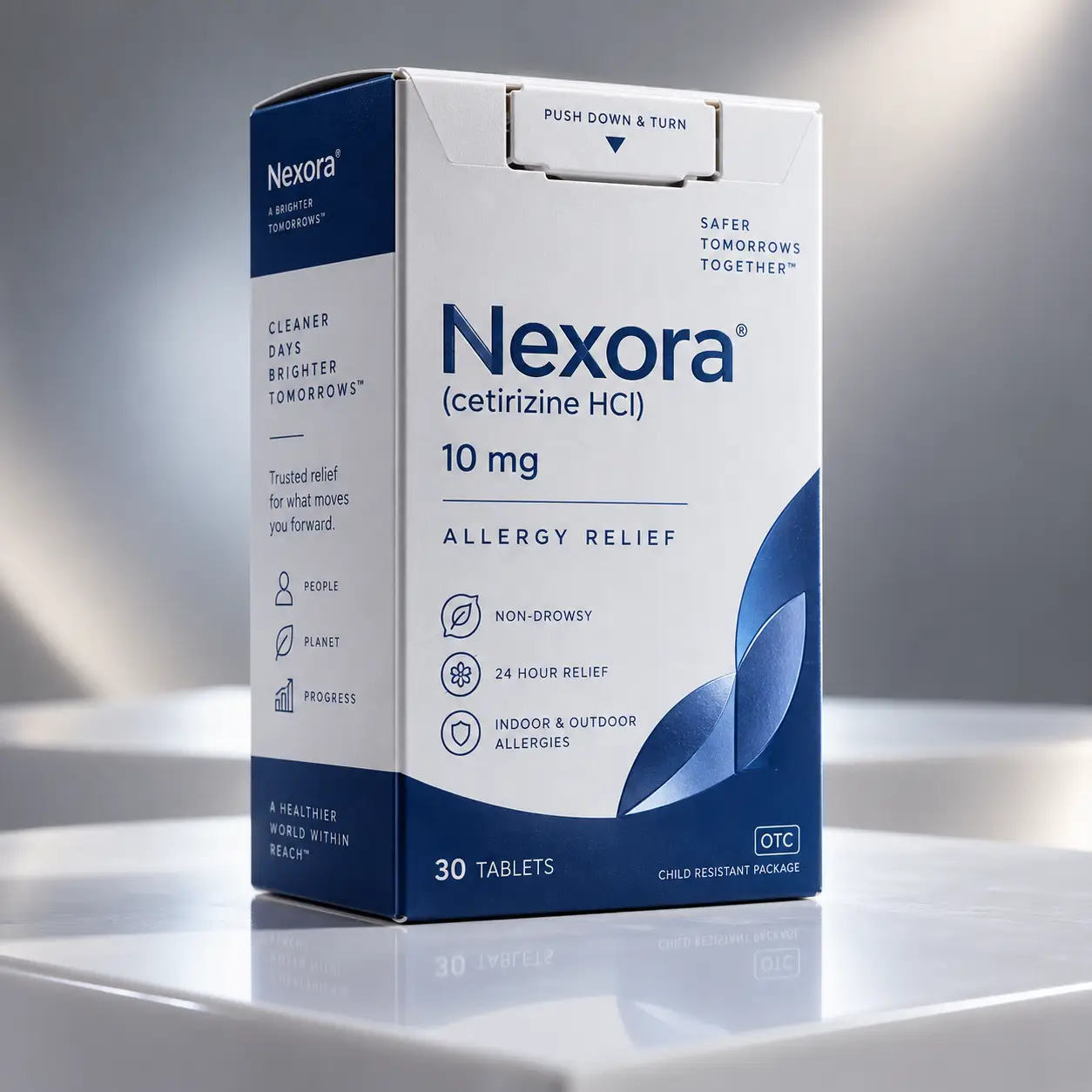 Nexora cetirizine HCl 10mg allergy relief OTC box, white and navy blue pharmaceutical packaging, 30 tablets, child-resistant