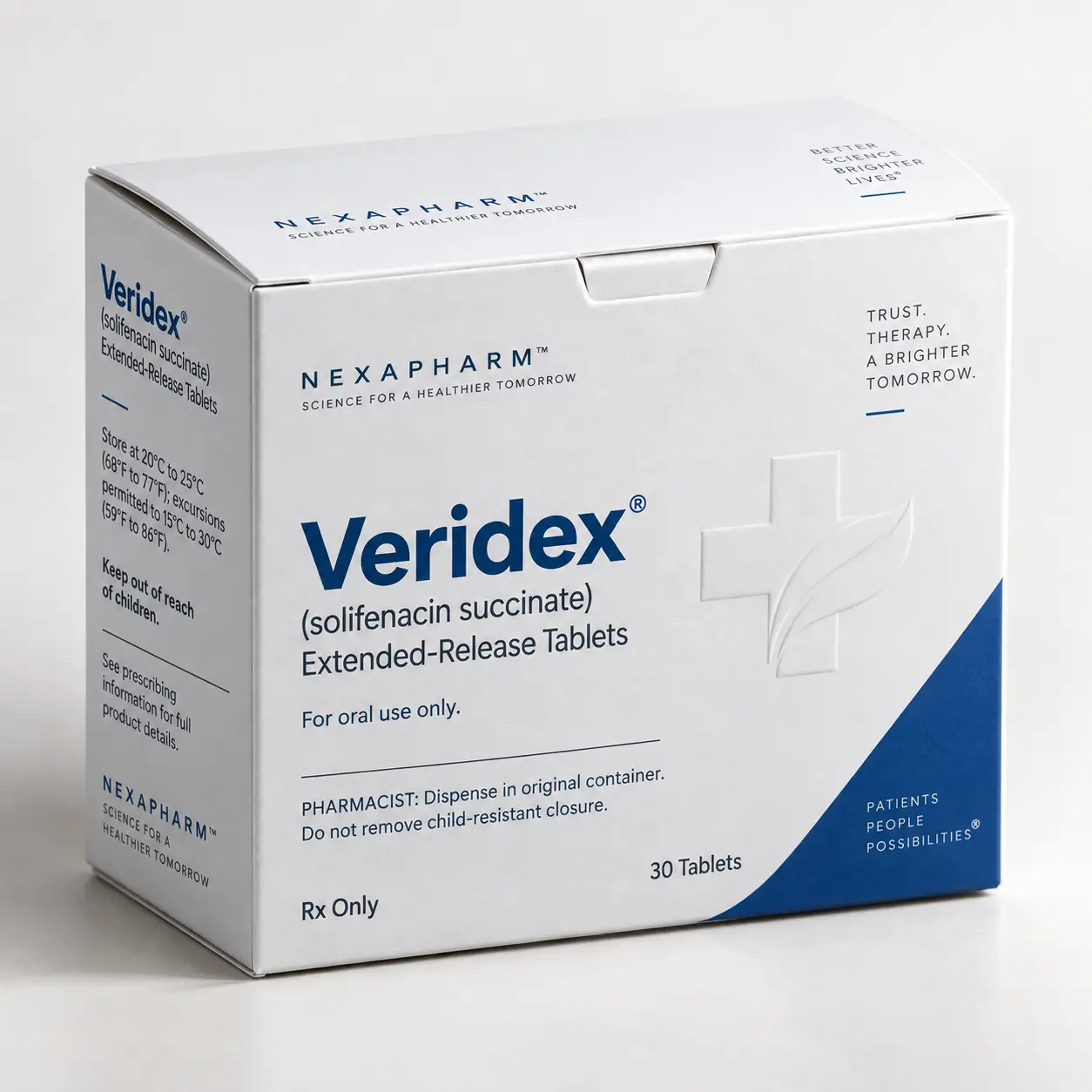 White pharmaceutical box of Veridex solifenacin succinate extended-release tablets by Nexapharm, 30 tablets, navy blue branding