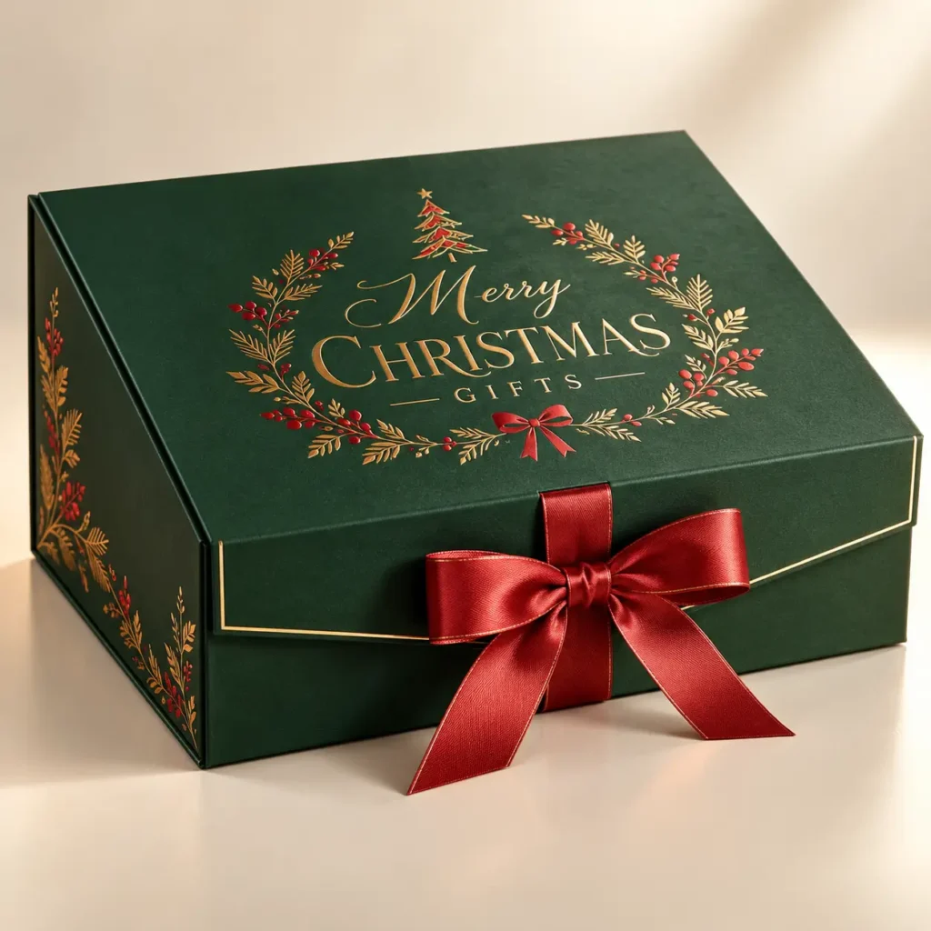 Elegant green Christmas gift box with gold foil Merry Christmas Gifts wreath design and red satin bow ribbon