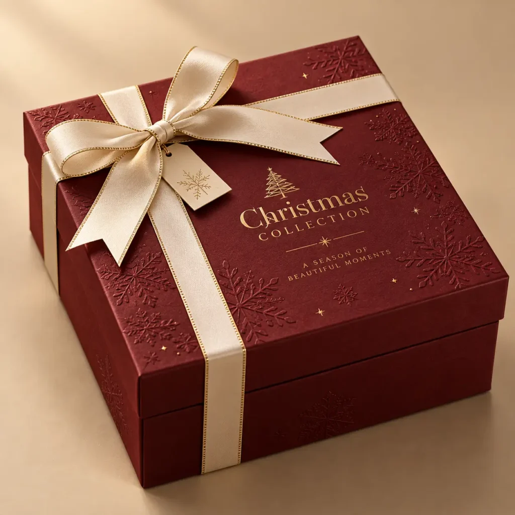 Luxury deep red Christmas gift box with gold foil snowflakes cream satin ribbon bow and gold Christmas Collection branding