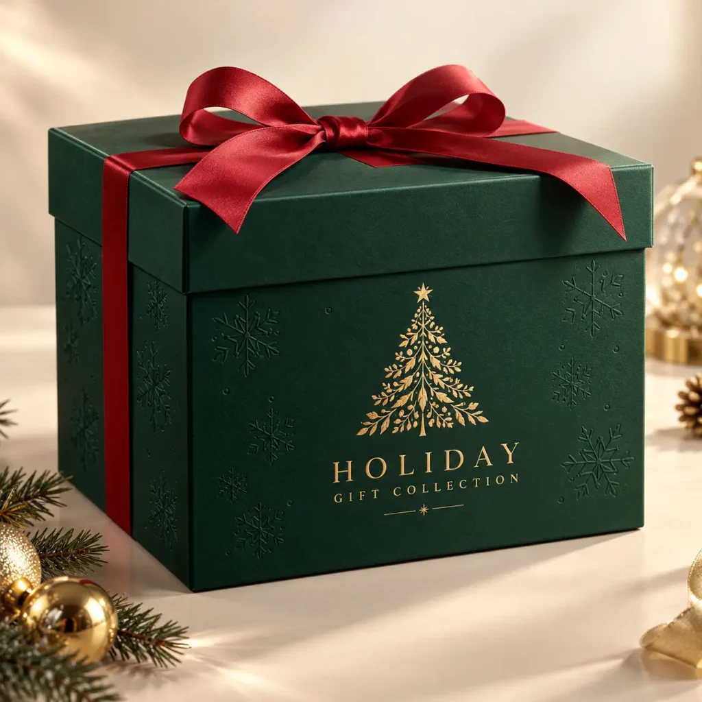Elegant dark green holiday gift box with red satin ribbon, gold Christmas tree logo, and snowflake embossing by The Packaging Masters