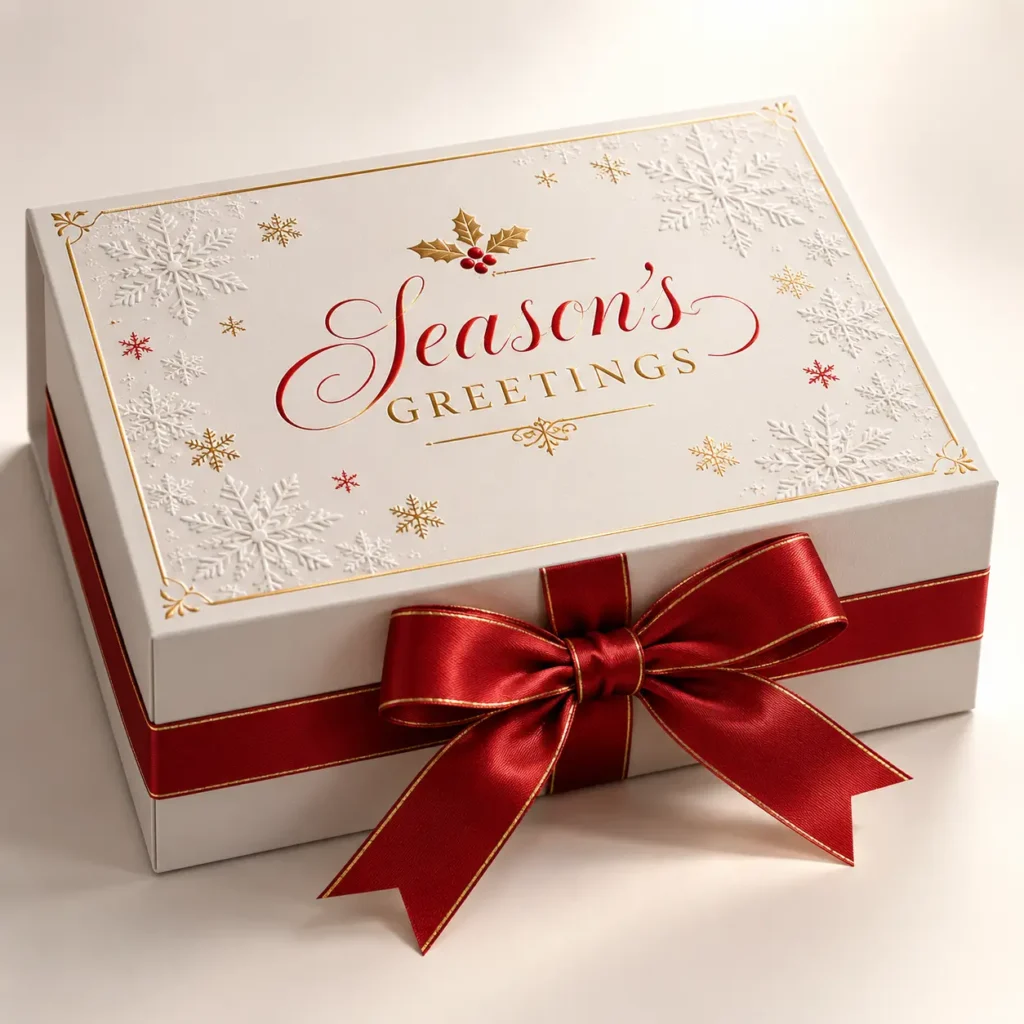 Elegant white Season's Greetings gift box with red satin bow, gold snowflakes, and holly berries — premium holiday packaging
