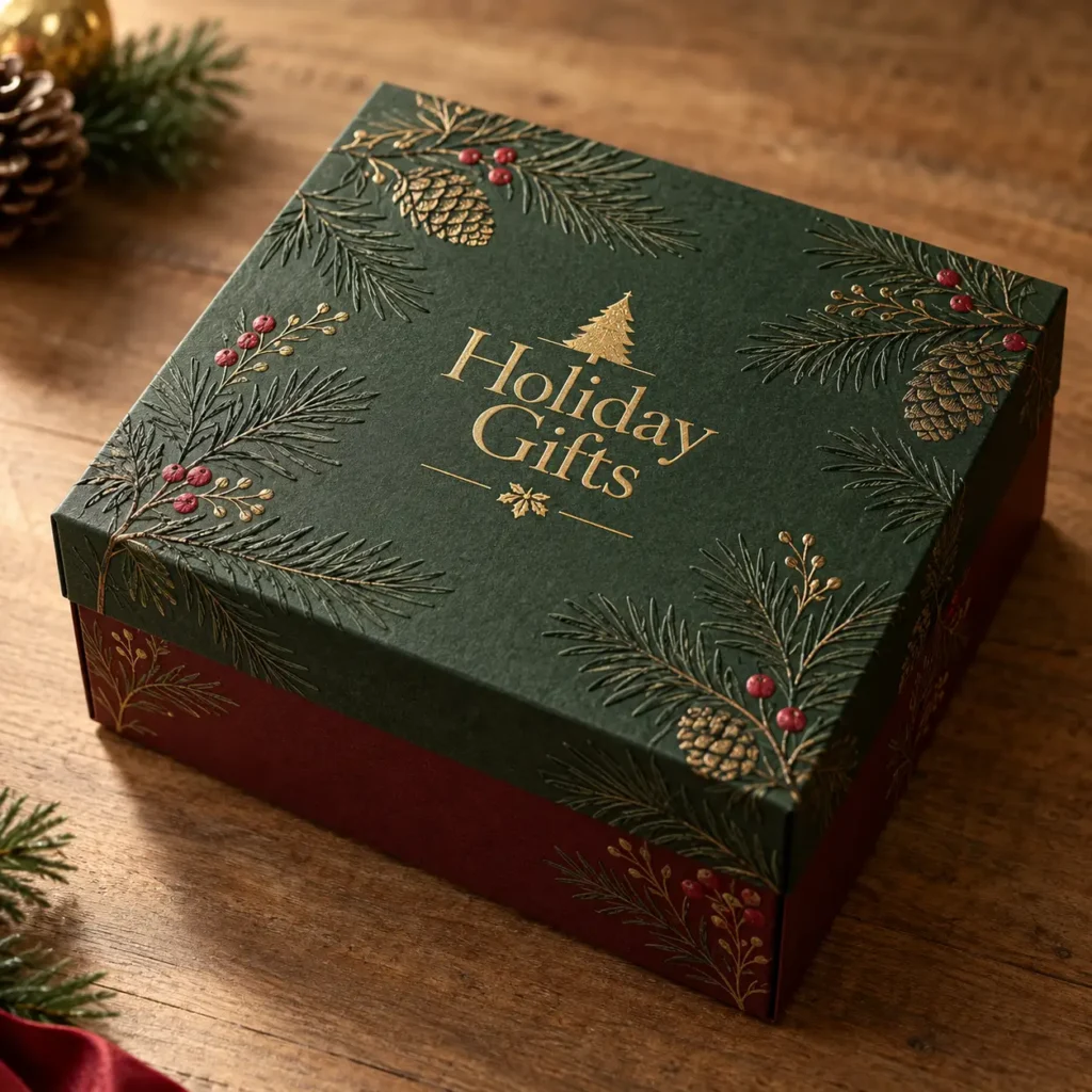 Elegant green holiday gift box with gold embossed pine branches, red berries, pinecones, and Holiday Gifts text on wooden surface