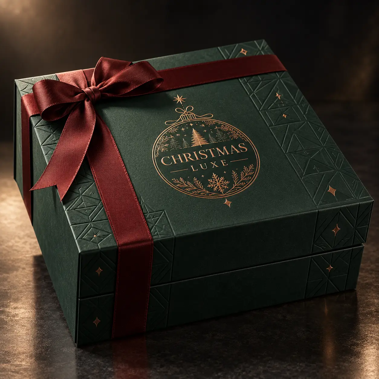 Luxury dark green Christmas gift box with burgundy satin ribbon bow, gold foil Christmas Luxe ornament logo, embossed geometric pattern