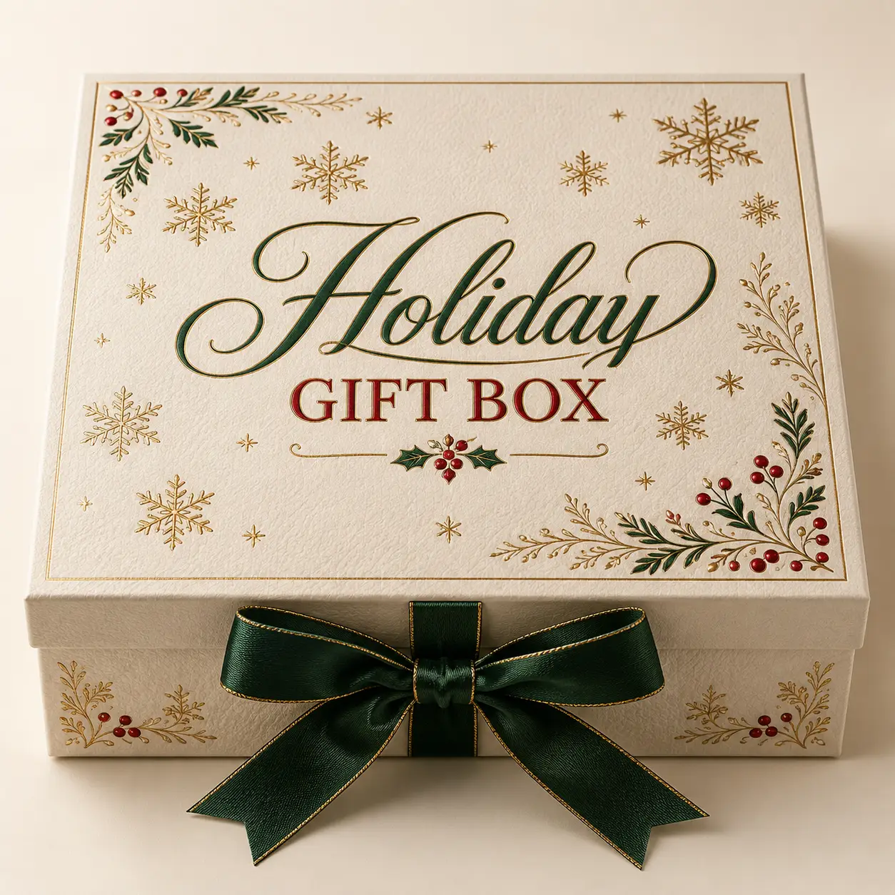 Elegant cream holiday gift box with green satin bow, gold snowflakes, red berries, and festive Holiday Gift Box lettering