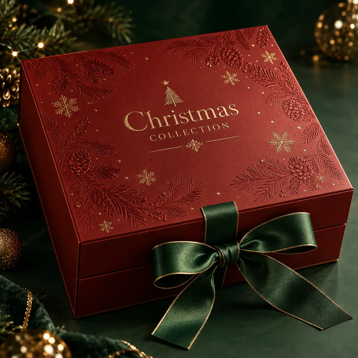 Luxury red Christmas gift box with gold foil pine embossing, green satin ribbon bow, festive holiday collection packaging design